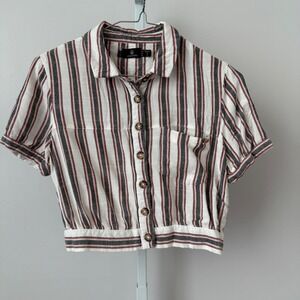 Volcom Womens Striped Crop Button Up Shirt Top XS White‎ Red Black Short Sleeve